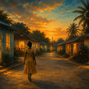 A fence-free neighborhood street at golden hour, a lone figure walking freely toward open, glowing doorways.