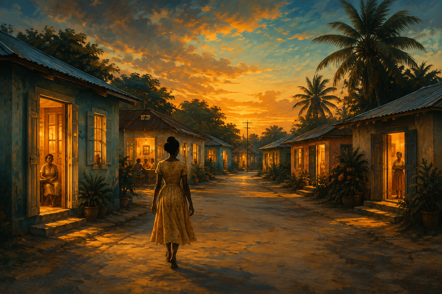 A fence-free neighborhood street at golden hour, a lone figure walking freely toward open, glowing doorways.