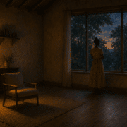 A single empty chair in a quiet retreat room at dusk, lit by one soft lamp.