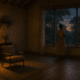 A single empty chair in a quiet retreat room at dusk, lit by one soft lamp.