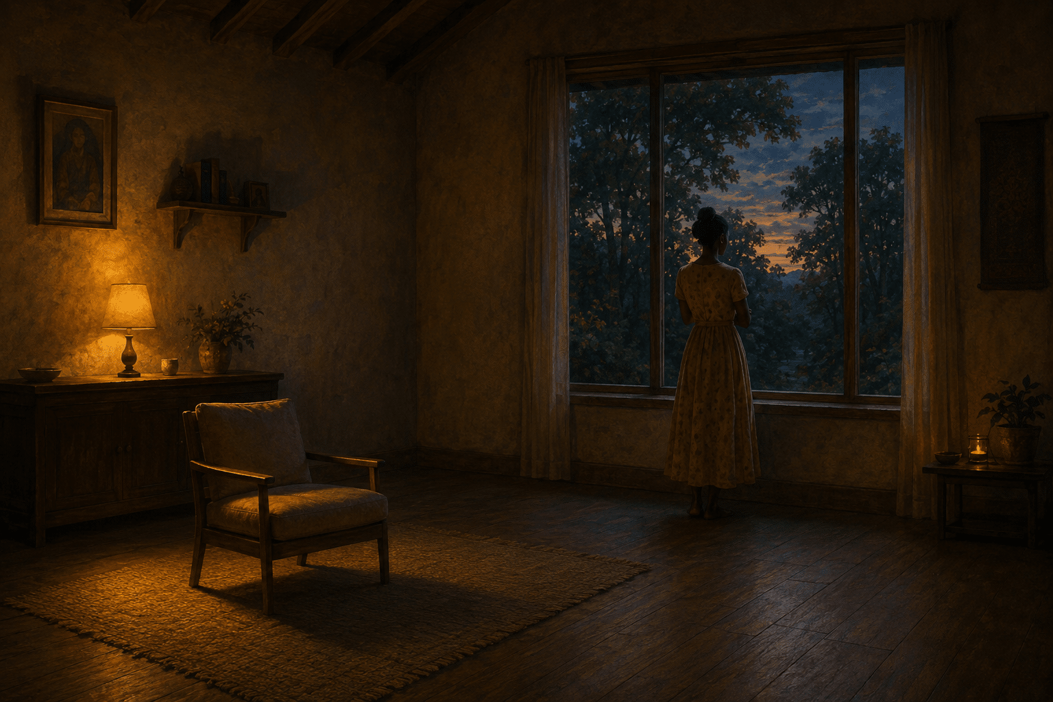A single empty chair in a quiet retreat room at dusk, lit by one soft lamp.