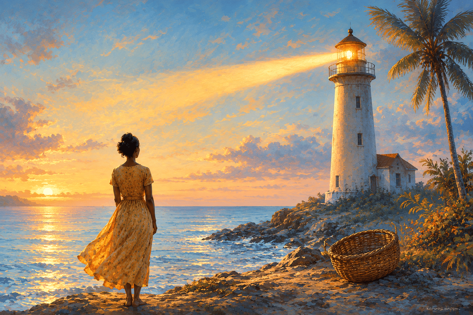 A lighthouse at twilight casting a warm beam over dark water, a woven basket set aside at its base.
