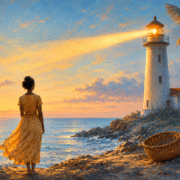 A lighthouse at twilight casting a warm beam over dark water, a woven basket set aside at its base.