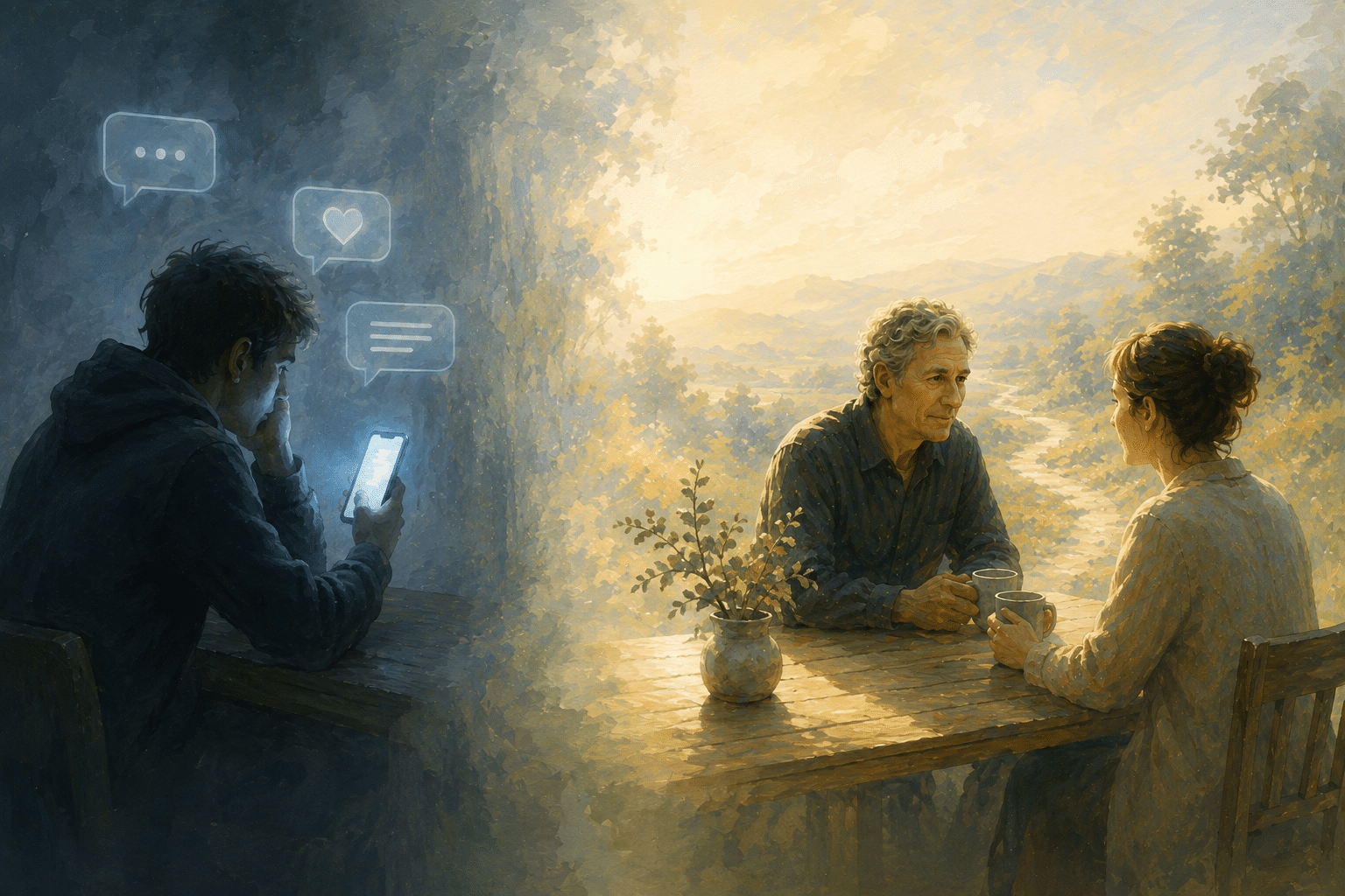 A person alone at night lit by the glow of a phone screen, a quiet image of seeking companionship in AI.