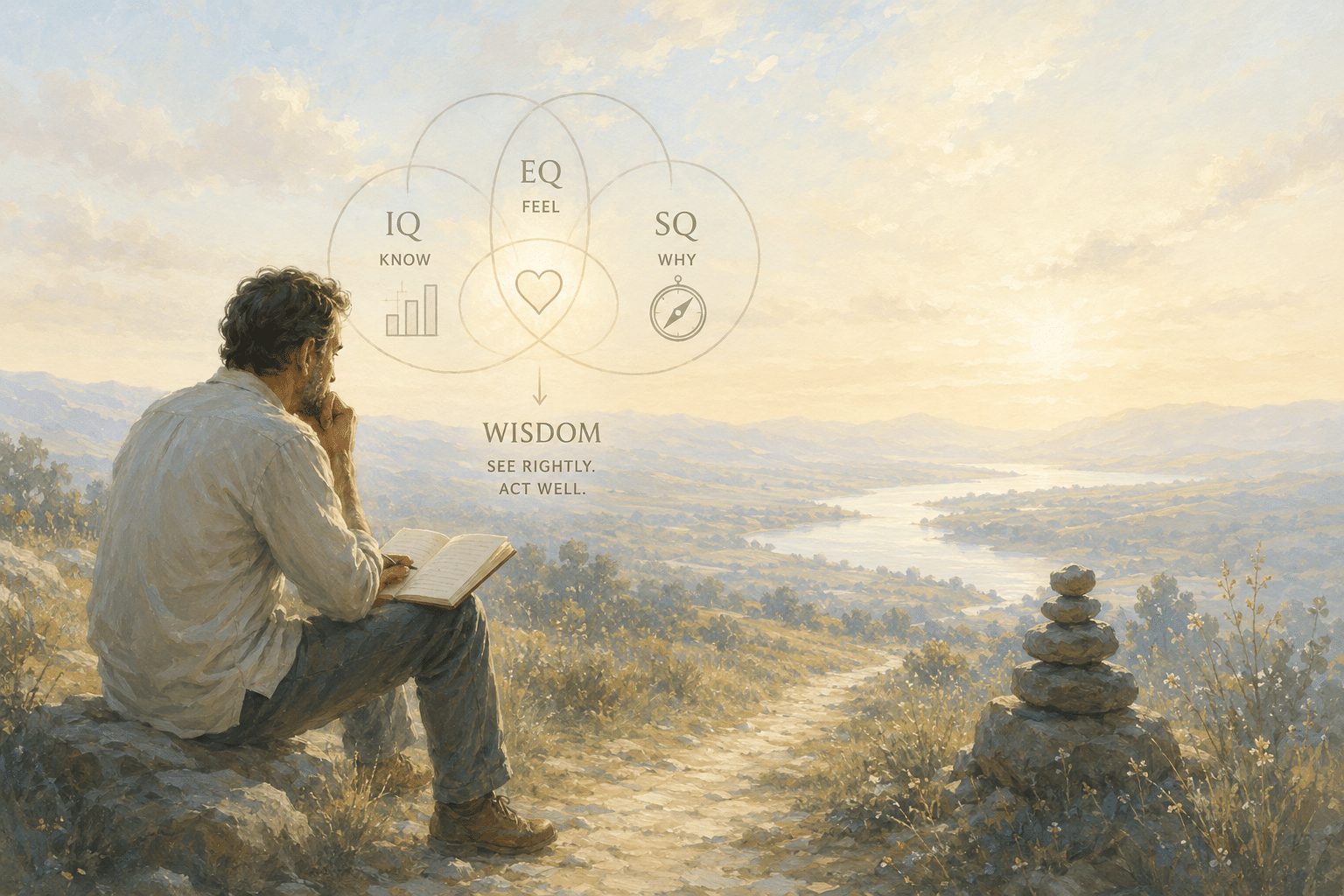 A contemplative image contrasting sharp analysis with quiet wisdom — a lone figure in thought.