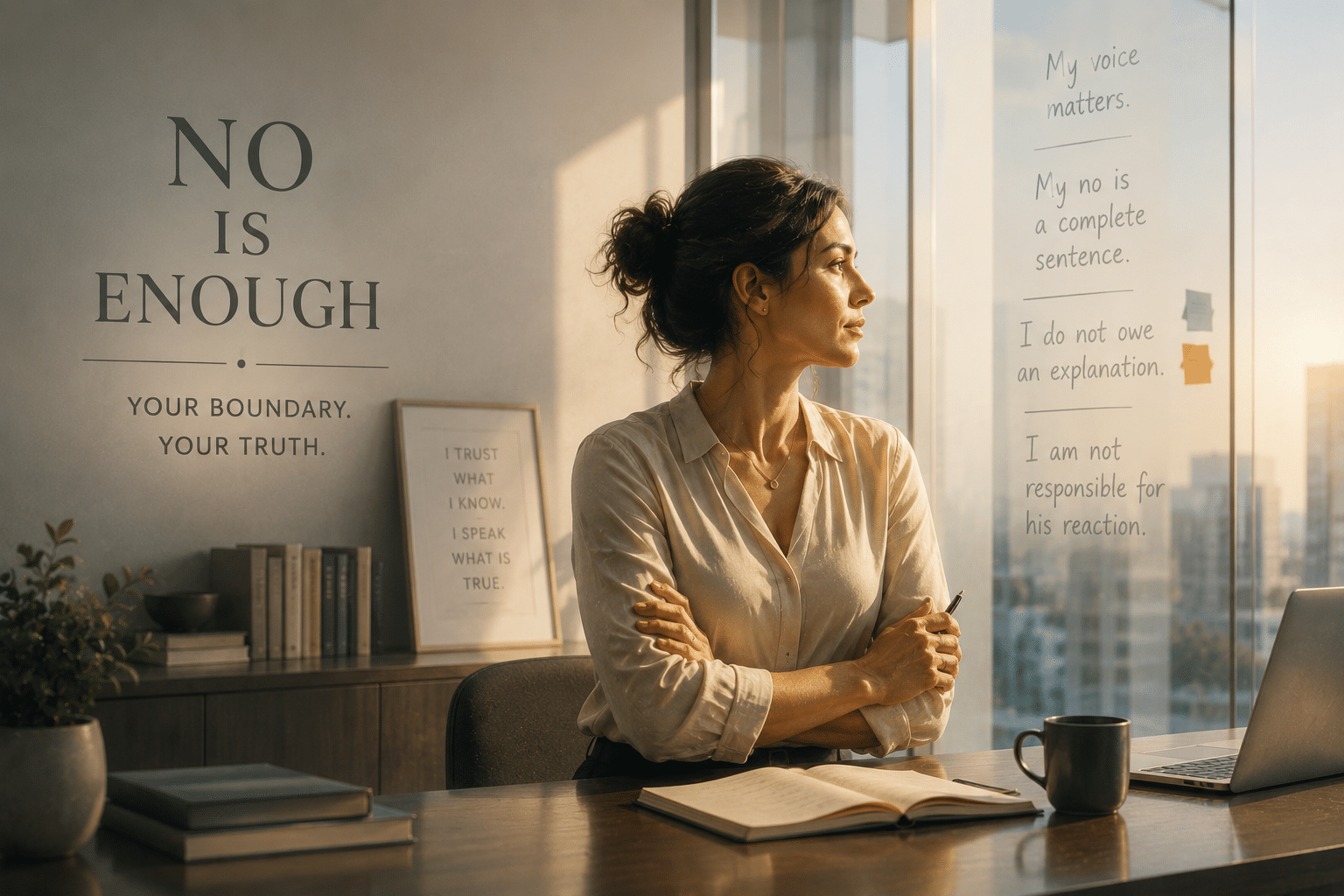 A woman standing calm and self-possessed in soft light — an image of inner steadiness and self-trust.