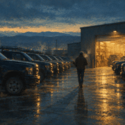 A service yard before dawn — rows of identical black and gold work trucks parked in the cold, exhaust hanging in the air, a single figure crossing between them with a cup of coffee.