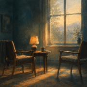 Two empty chairs turned slightly toward each other in a quiet room, warm lamplight between them, a window beyond showing early morning — the shared space of coaching and spiritual direction.