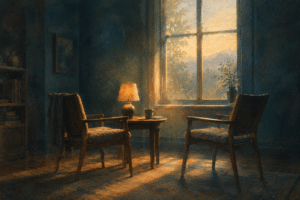 Two empty chairs turned slightly toward each other in a quiet room, warm lamplight between them, a window beyond showing early morning — the shared space of coaching and spiritual direction.