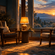 Two empty chairs turned slightly toward each other in a quiet room, warm lamplight between them, a window beyond showing early morning — the shared space of coaching and spiritual direction.