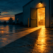 An open doorway in a service building at dusk, warm light spilling out onto concrete, a long shadow stretching from the threshold toward the viewer.